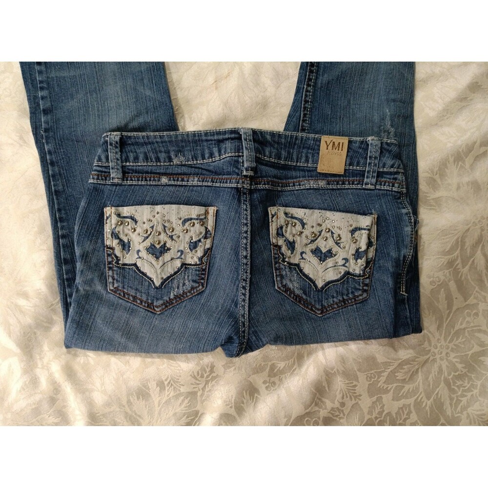 YMI Jeans USA Jeans Womens 7 Junior Blue Embellished Stretchy Lowrise Skinny Y2K
